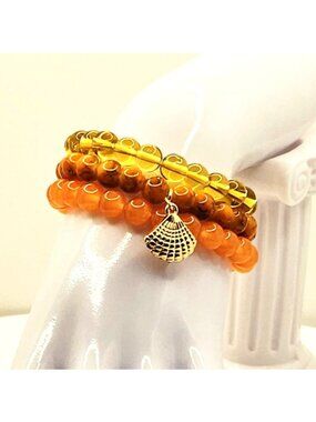 Orange Bracelet Stack, Sunset Beach Bracelet, Coastal Jewelry Stack, Amber Beade